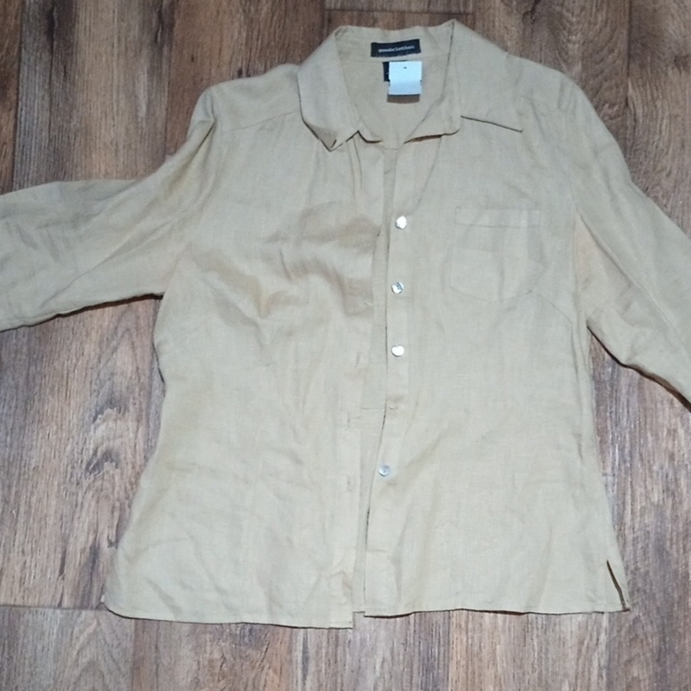 Womens Beige Long Sleeve 100% Linen Button-Up Shirt Sz Med